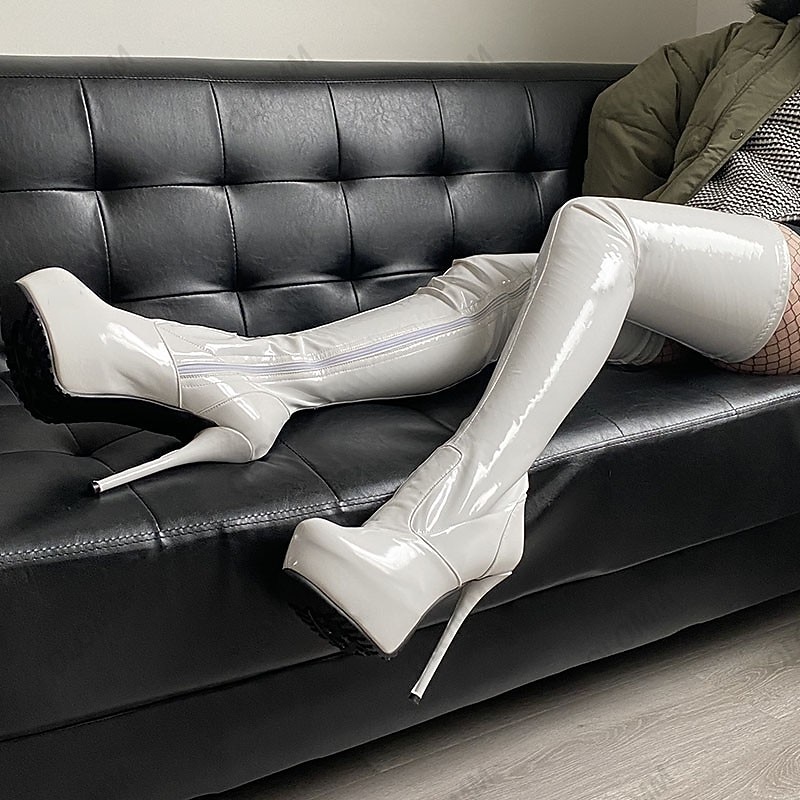 naisten seksikkäät mustat kiiltonahkaiset, reisien korkuiset korkokengät sivussa vetoketjulla - täydelliset yökerhoihin, juhliin ja rohkeisiin muoti-ilmiöihin 2026 - $129.99 –P1