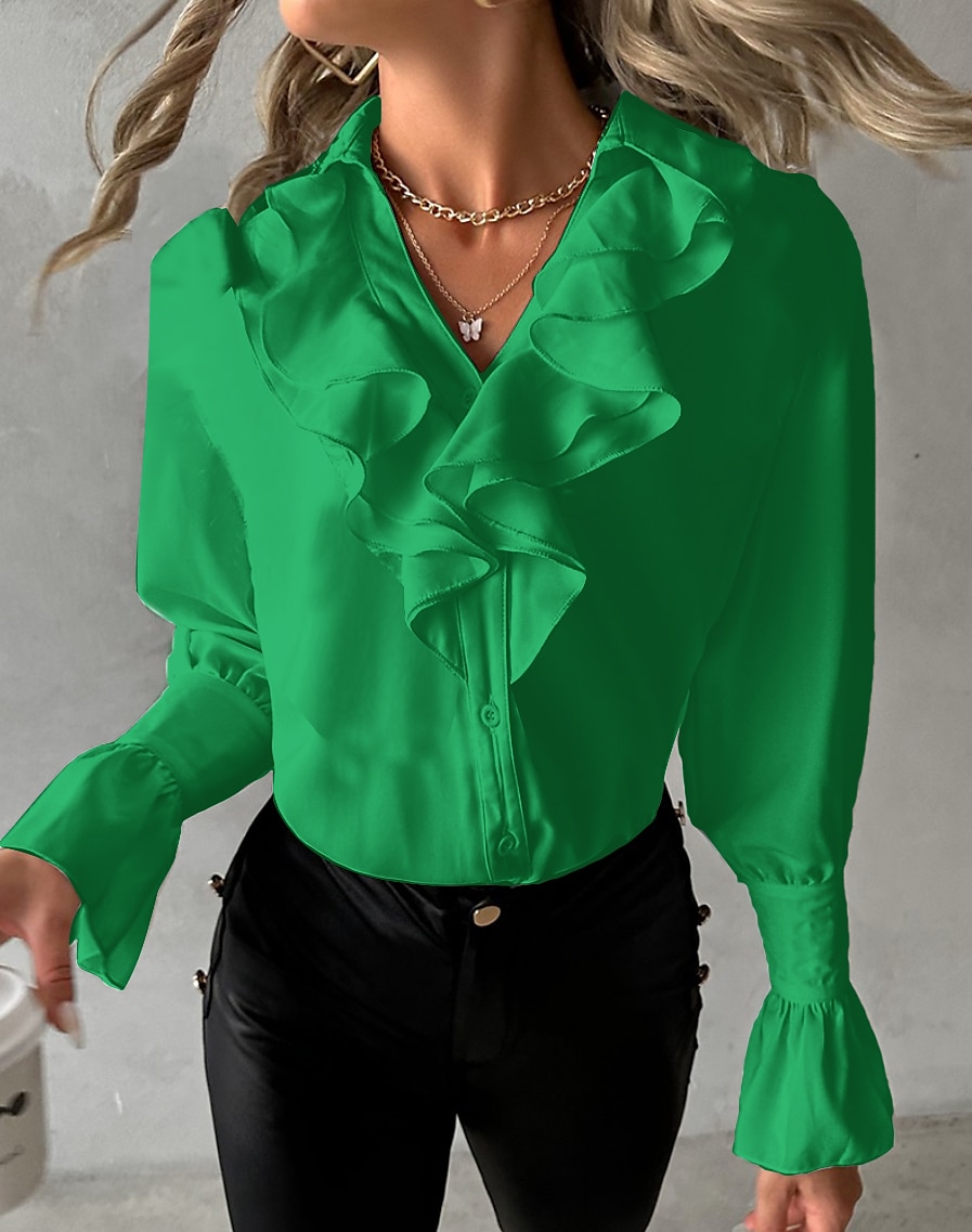 chemisier femme élégant volants manches pétales manches longues col v noir blanc jaune fuchsia vert automne de 2025 ? $26.99 –P5