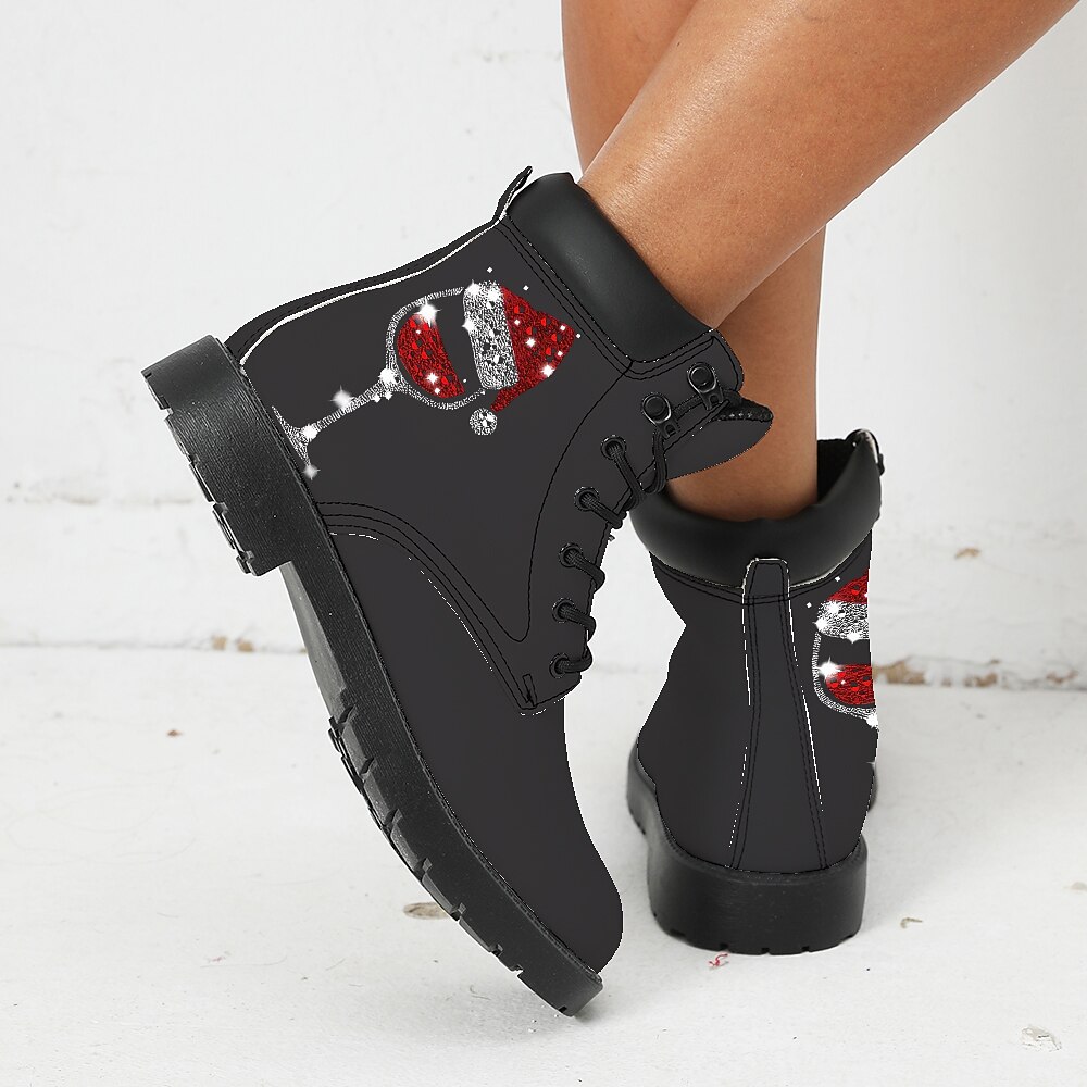Mulheres Botas Imprimir sapatos Sapatos de Natal Coturnos Natal Diário Botas Botas Tornozelo Inverno Sem Salto Ponta Redonda Dedo Fechado Moda Casual Couro Sintético Com Cadarço Preto Verde de 2025 por $60.99 -P3
