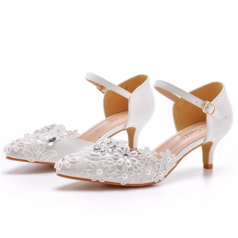 Women's White Lace Floral Embroidered Kitten Heel Shoes with Ankle Strap – Elegant Bridal Wedding Shoes 2025 - $54.99 –P9