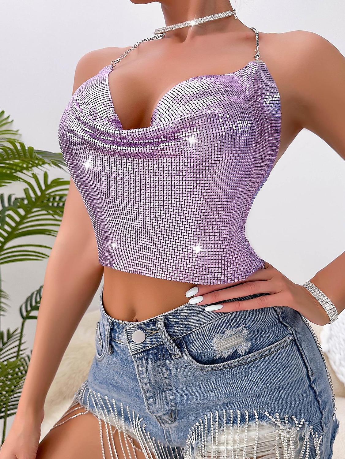 Fémes Hát nélküli Szikra Spagetti pántos trikó Testlánc Crop Tank Top Diszkó Jelmez Női Parti Klub Pride Parade Felnőttek Trikó 2025 - $23.99 –P24