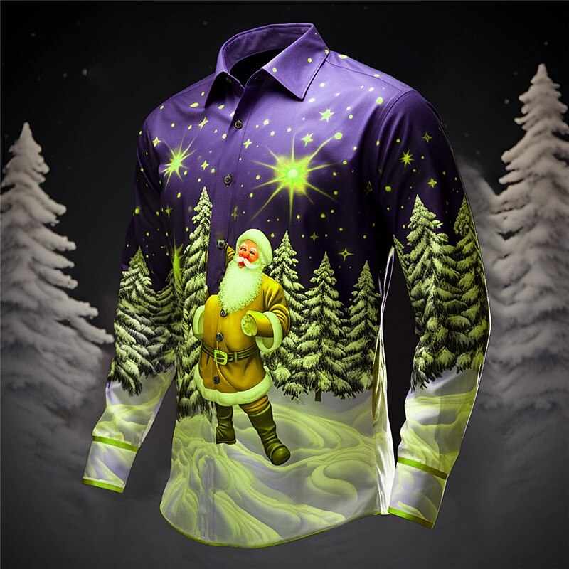 Herr jultomten Julgran Skjorta Långärmad Ledigt Jul Dagliga kläder Utekväll Höst vinter Nedvikt Mönster Button-Down Grå+Purpur Gul Rubinrött Mörk marin Kungsblå 2025 - $26.99 –P16