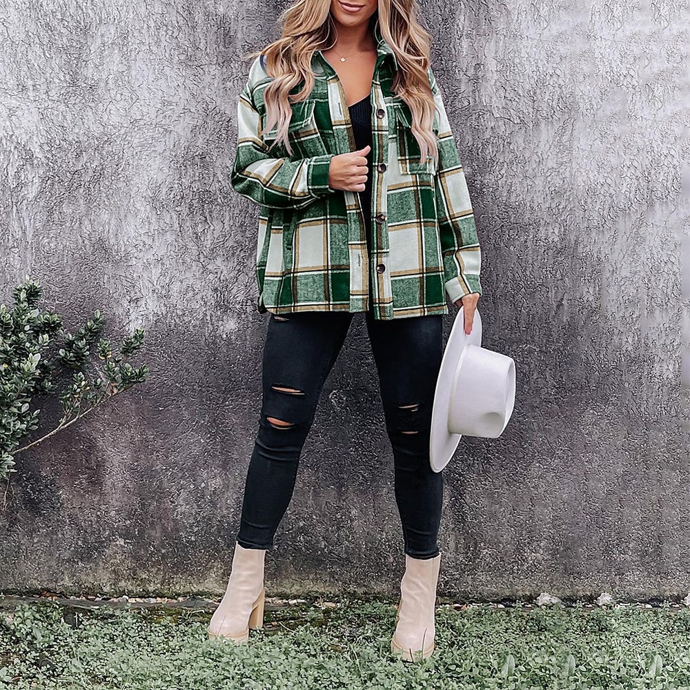 Women's Shirt Blouse Fashion Plaid Buttons Pocket Print Long Sleeve Regular Tops Shirt Collar Casual Black Red Green Khaki Spring &  Fall 2025 - $28.99 –P11