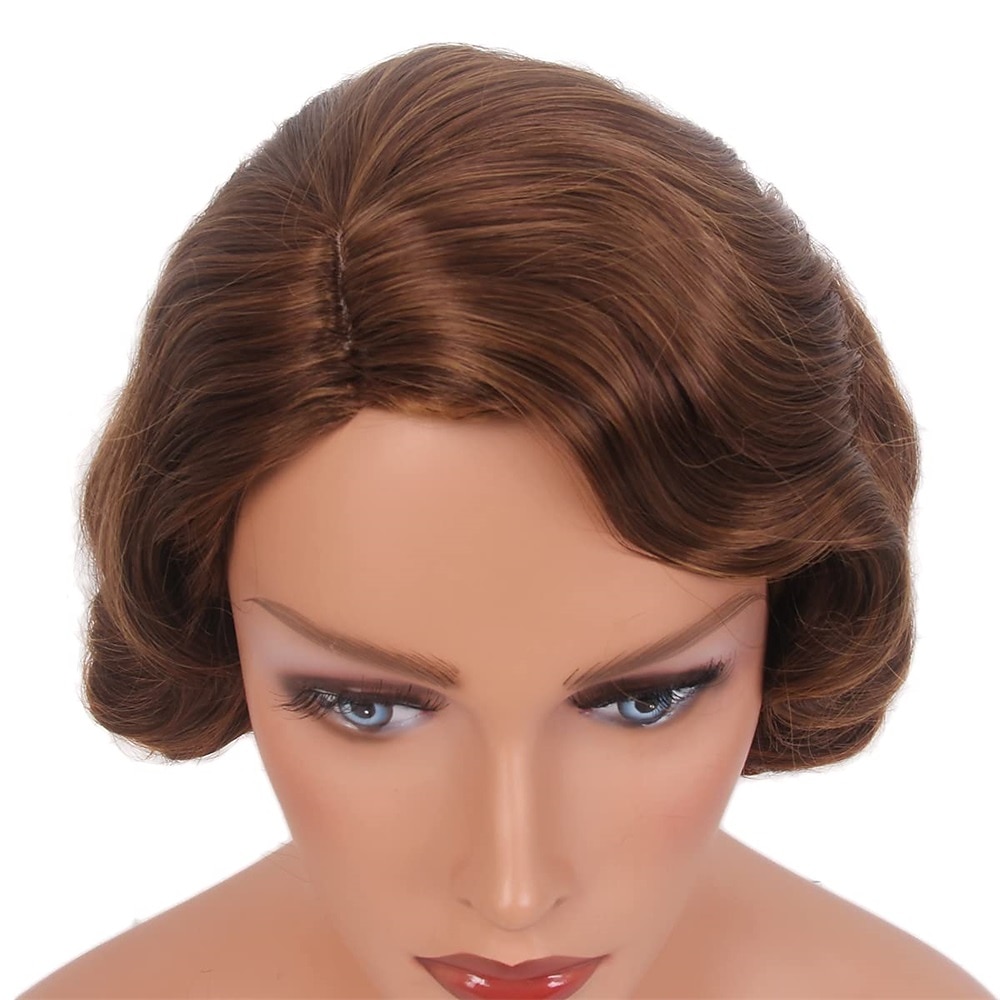 Krátké popelavě hnědé paruky pro ženy přírodní prstová vlna syntetická paruka pro ženy dámy cosplay anime party kostýmy anime flapper paruka halloweenské paruky 2025 - $18.49 –P2