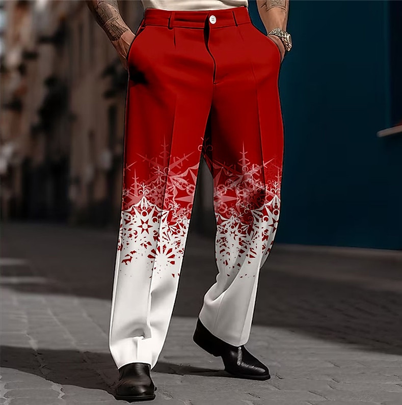 Pantalon imprimé scène de Noël pour homme, pantalon décontracté avec flocon de neige, imprimé 3D, tenue de ville en plein air, pour le travail, en polyester, noir et blanc, jaune vin, S, M, L, de 2025 ? $30.99 –P1