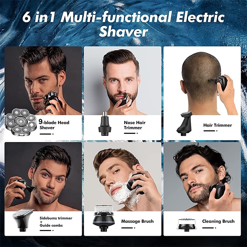 2025年 9d メンズ充電式ハゲ頭電気シェーバー 9 フローティングヘッドひげ鼻耳 6 で 1 ヘアトリマーかみそりバリカン  コレクション – $64.99 –P6