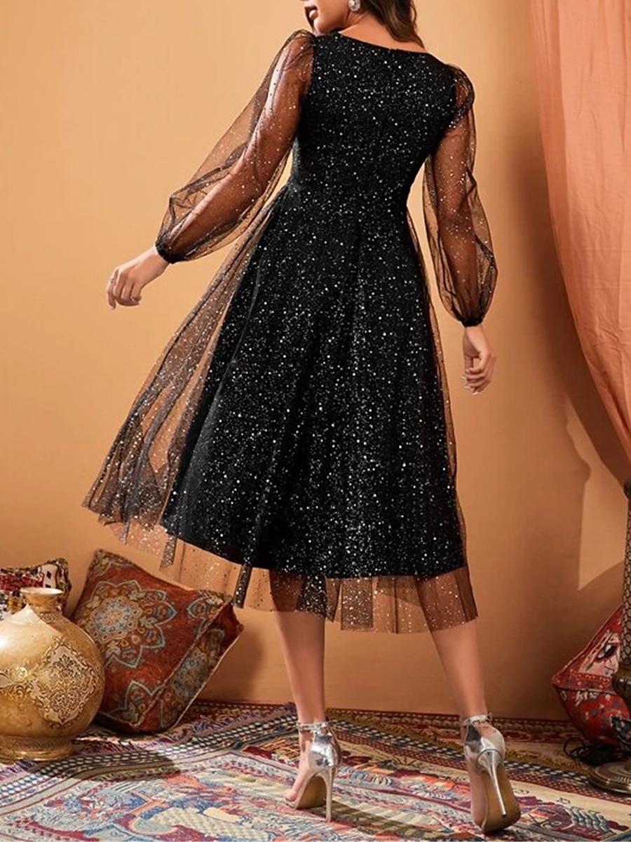 Women's Black Dress Party Dress Cocktail Dress Mesh Mesh Patchwork V Neck Long Sleeve Midi Dress Office Vacation Black Spring Winter 2024 - $19.99 –P2