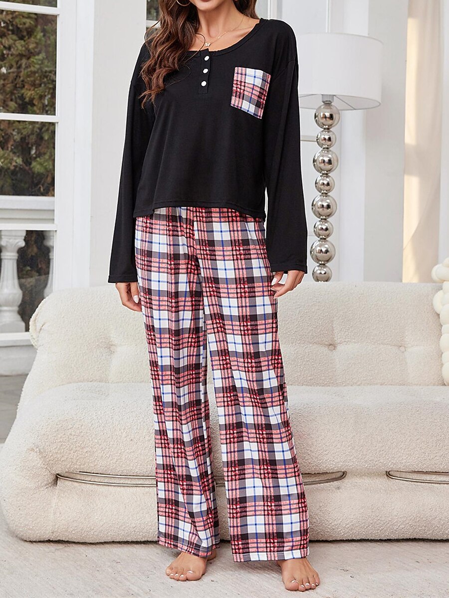 pyjamasset för kvinnor rutnät / pläd avslappnad komfort hemsäng som andas med rund hals långärmad t-shirt t-shirt byxknappficka höst vinter hemkläder 2025 - $27.99 –P3