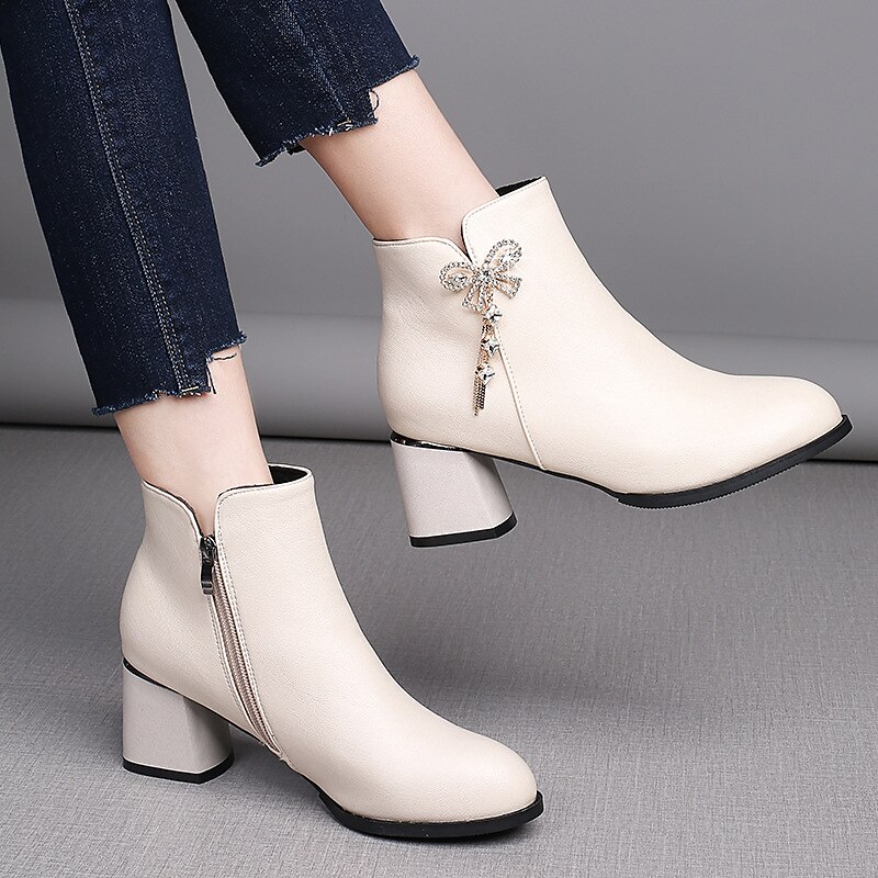 Women's Heels Boots Plus Size Heel Boots Outdoor Daily Booties Ankle Boots Winter Rhinestone Bowknot Chunky Heel Round Toe Elegant Vintage Sexy PU Zipper Black Beige 2023 - AED 151 –P3