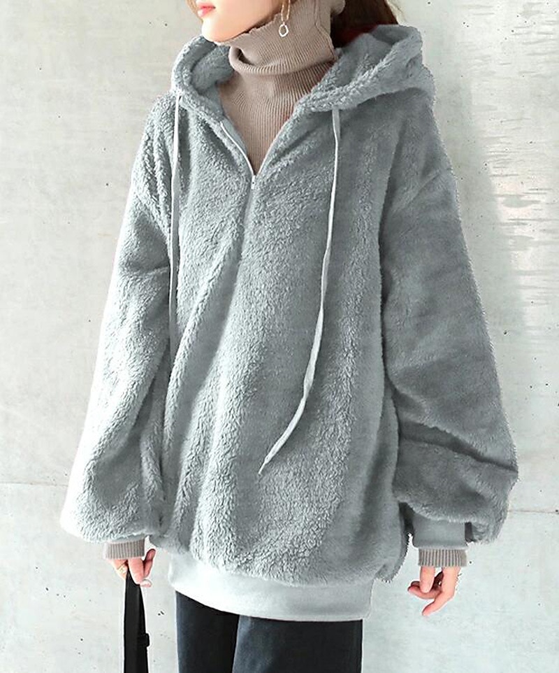Mulheres Côr Sólida Quente Teddy Difusa Manga Longa Capuz Meio Zíper Tops regulares Rua Casual Com Cordão Bolso frontal Quarter Zip Preto Vinho Cinzento Escuro Café Cinzento Outono & inverno de 2025 por $33.99 –P7