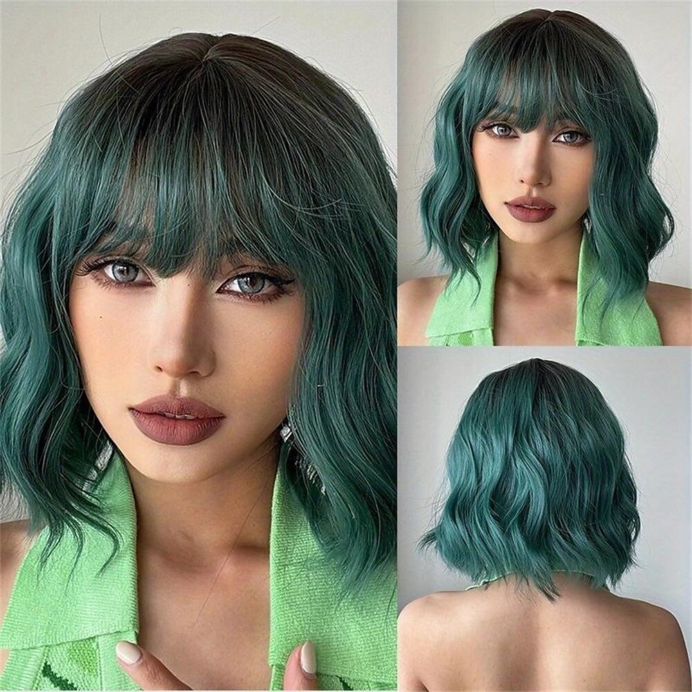 parrucche di capelli ricci ondulati corti blu con frangia parrucche di capelli in fibra sintetica da 14 pollici per le donne parrucche di capelli eleganti per la festa quotidiana cosplay uso di del 2025 a $19.99 –P7