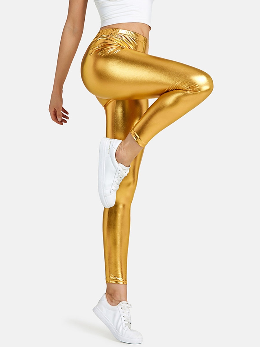 Mulheres Leggings Moda Sensual Comprimento total Cintura Média Tecido Cintura elástica Metálico Brilhante Respirabilidade Macio Confortável Micro-Elástica Bandagem Festa Rua Prata Rosa claro Dourado de 2026 por $22.99 –P7