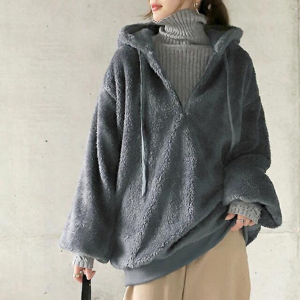 Mulheres Côr Sólida Quente Teddy Difusa Manga Longa Capuz Meio Zíper Tops regulares Rua Casual Com Cordão Bolso frontal Quarter Zip Preto Vinho Cinzento Escuro Café Cinzento Outono & inverno de 2025 por $33.99 –P3