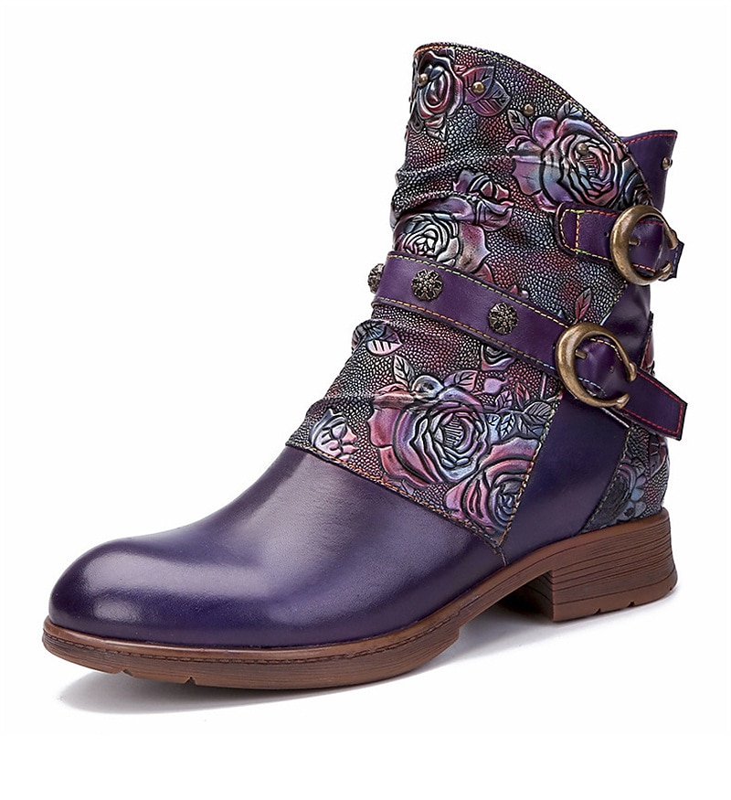 Vintage leren enkellaarsjes met bloemenreliëf voor dames – stijlvol bordeauxrood gespbandontwerp voor casual herfst- en winterkleding 2026 - $99.99 –P6