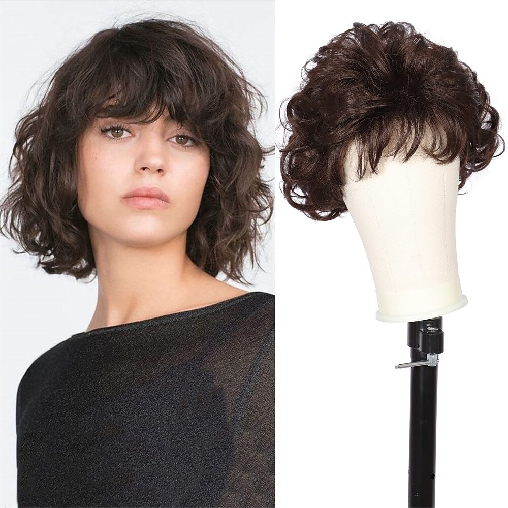 Perruque ondulée courte bouclée marron foncé avec frange de cheveux 100 % importée de qualité supérieure - Perruques de cheveux marron synthétiques pour femme (marron) de 2025 ? $18.99 –P2