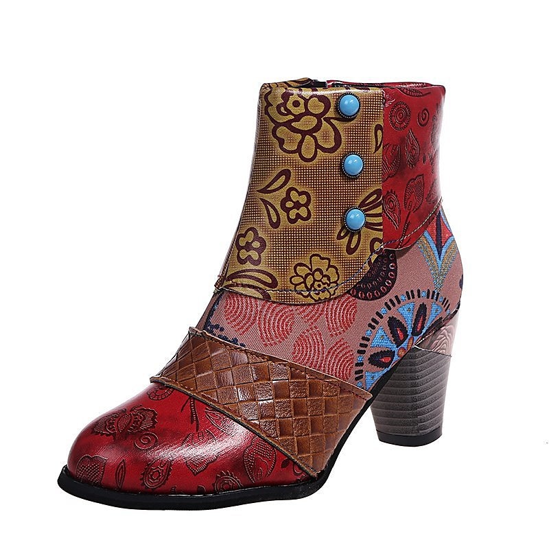 dámské barevné patchworkové kotníkové boty se šněrovacím designem a blokovými podpatky - ideální pro boho a vintage styl 2025 - $42.99 -P4