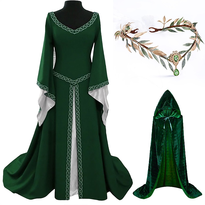 conjuntos com vestido irlandês glamour noiva elfo coroa capa com capuz 3 peças feminino medieval steampunk renascentista retrô vintage roupas viking fantasias de cosplay larp de 2025 por $64.99 –P1