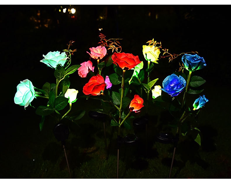 ogrodowe lampy solarne z różami, walentynkowe realistyczne kwiaty róży LED, dekoracje cmentarne, lampy palikowe do ogrodu, na dziedziniec, podwórko i grób, dekoracyjne, wodoodporne (czerwone, z 3 świecącymi główkami kwiatów) 2025 - $14.99 –P3