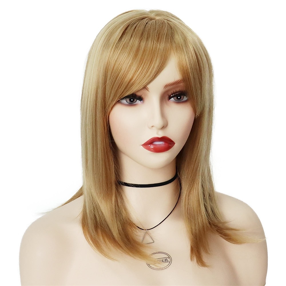 Perucas peruca loira morango com franja cabelo sintético peruca natural completa reta comprimento médio bob peruca traje de halloween perucas para mulheres perucas cosplay 14" de 2025 por $21.99 –P5