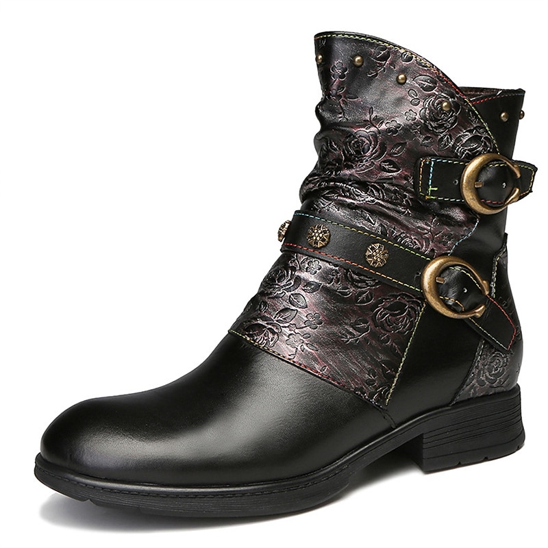 Vintage leren enkellaarsjes met bloemenreliëf voor dames – stijlvol bordeauxrood gespbandontwerp voor casual herfst- en winterkleding 2026 - $99.99 –P9