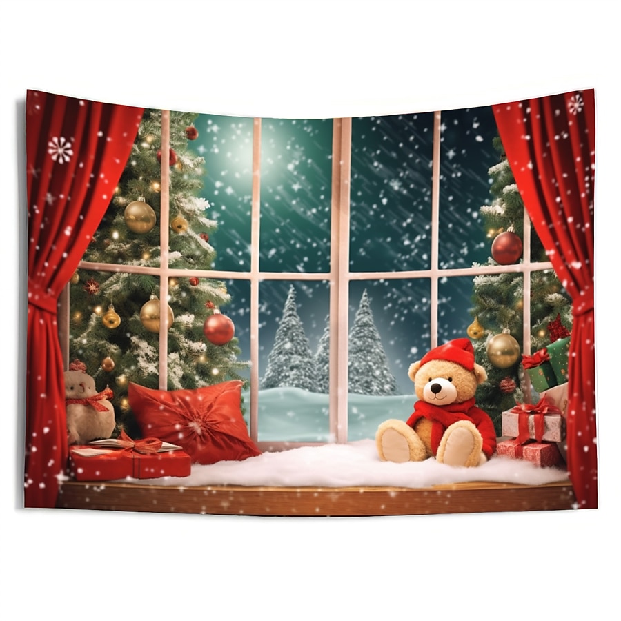 juldekorationer julgran hängande gobeläng väggkonst xmas stor gobeläng väggmålning dekor fotografi bakgrund filt gardin hem sovrum vardagsrum björn fönster vy 2025 - $17.49 –P10