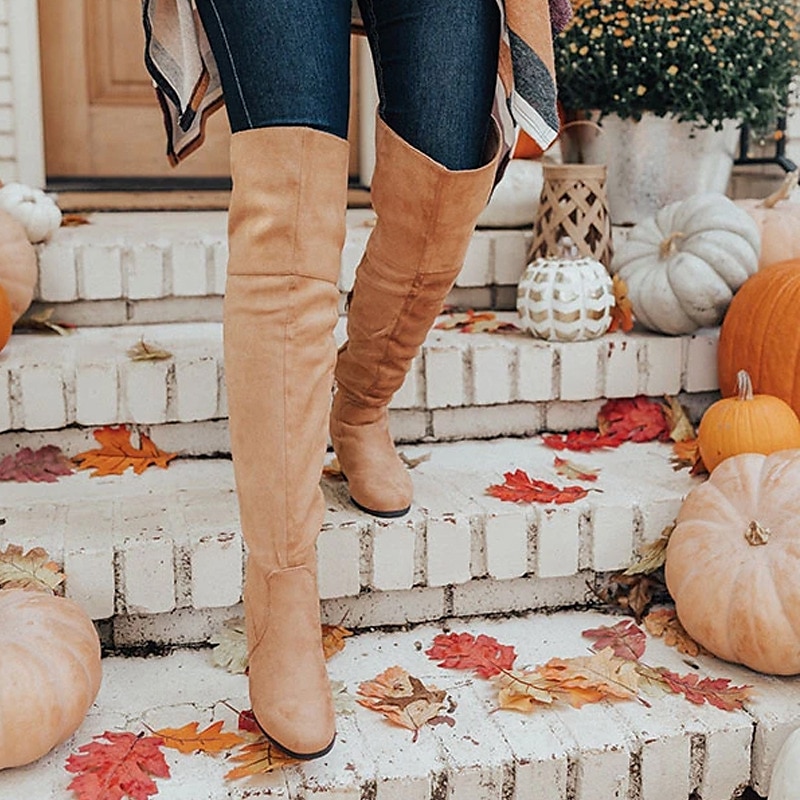 Khakifarbene Overknee-Stiefel aus Wildlederimitat mit Blockabsatz für Damen – stilvoll und bequem für die Herbst- und Wintermode 2025 - $59.99 –P1