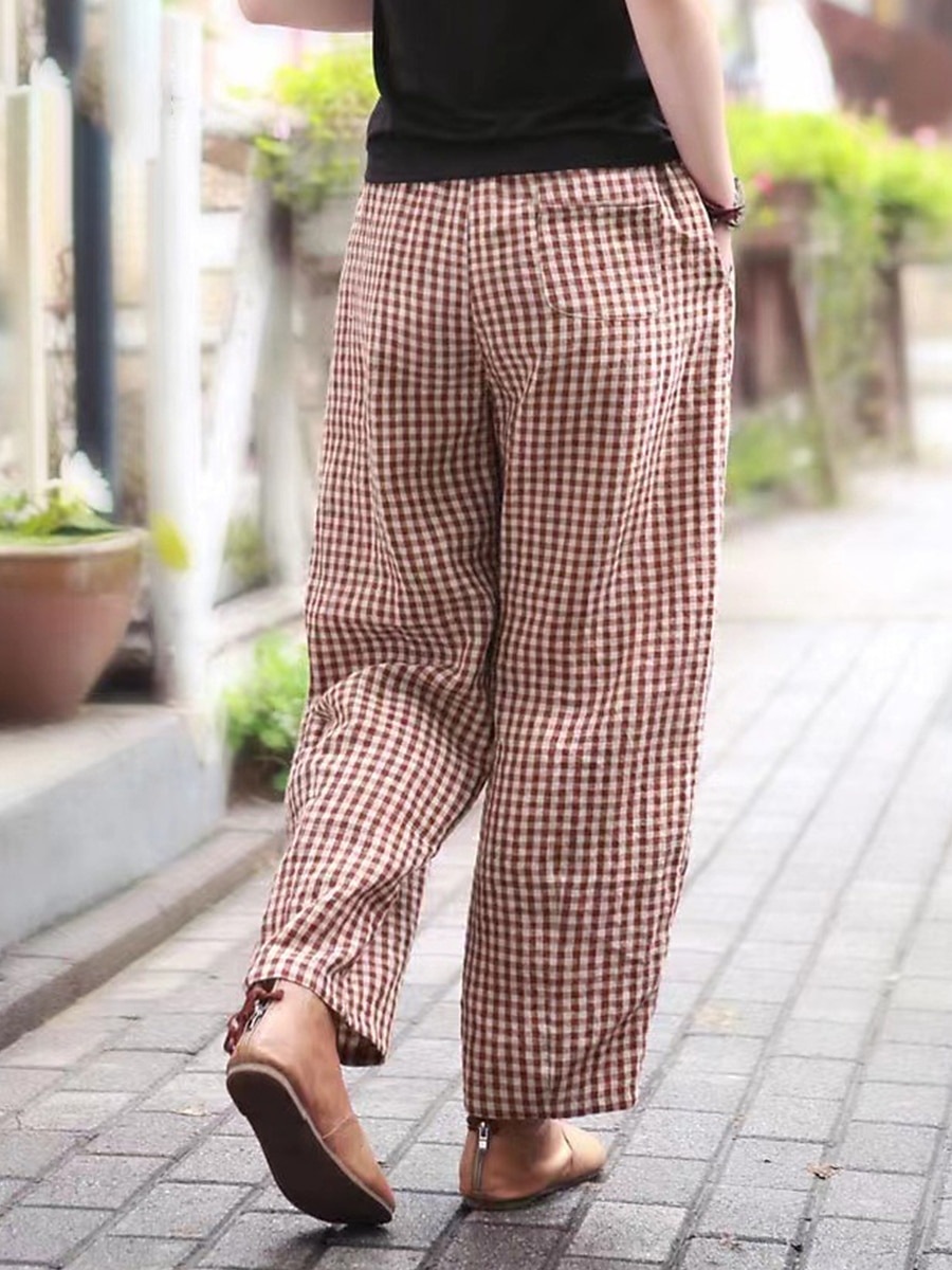Women's Wide Leg Pants Trousers Linen Cotton Blend Plaid High Waist Full Length Black Fall 2025 - $18.99 –P2