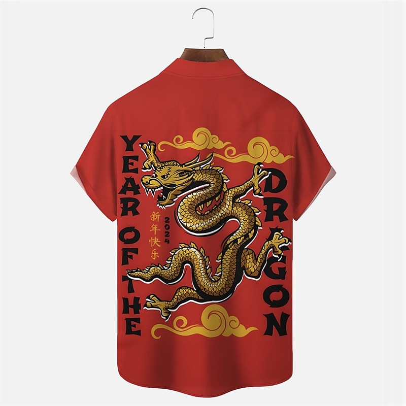 New Year Men's Dragon Shirt Button Up Shirt Short Sleeve Casual Daily Wear Going out Weekend Autumn / Fall Turndown Print Button-Down Yellow Red Burgundy 2025 - $24.99 –P5