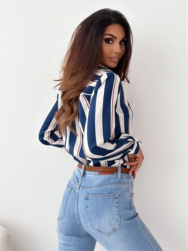 Damen Hemd Bluse Mode gestreift Knöpfe Tasche Druck Langarm normale Oberteile Hemdkragen Arbeit rot königsblau blau fuchsia braun Frühling&amp;  fallen 2025 - $26.99 –P14