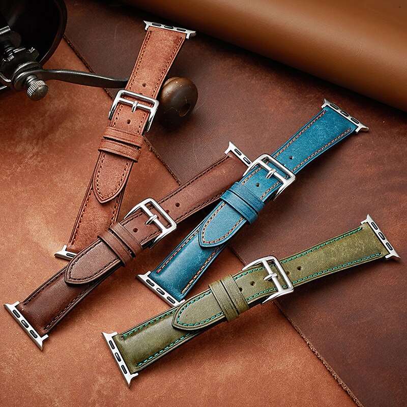 Leather Band Compatible with Apple Watch band 38mm 40mm 41mm 42mm 44mm 45mm 49mm Rugged Luxury Adjustable Genuine Leather Strap Replacement Wristband for iwatch Series Ultra 8 7 SE 6 5 4 3 2 1 2025 - $21.99 –P1