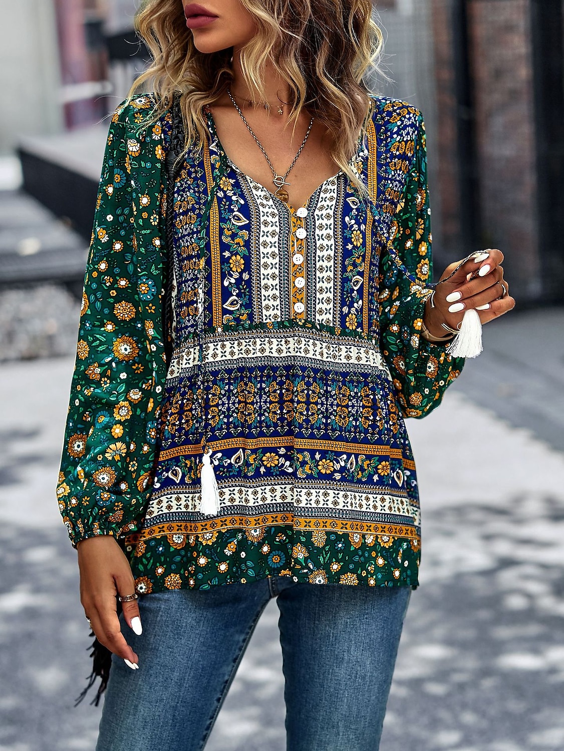 Dame Skjorte Boho skjorte Blondeskjorte Bluse Blomstret Mote Langermet V-hals Vanlige topper Avslappet Ferie Blondér Trykt mønster Rød Navyblå Blå Lilla Grønn Vår & Vinter 2025 - $31.99 –P18