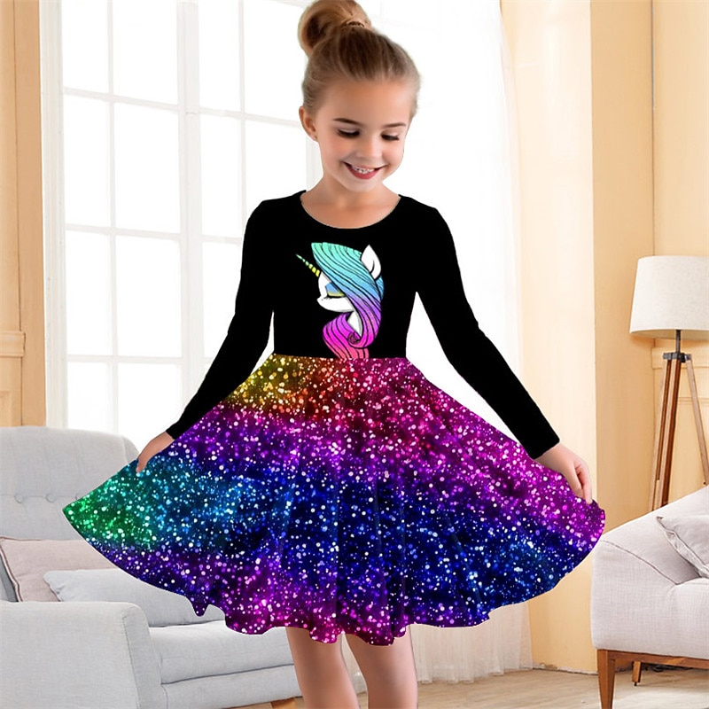 Girls' 3D Rainbow Unicorn Dress Long Sleeve 3D Print Fall Winter Vacation Sports & Outdoor Daily Cute Casual Beautiful Kids 3-12 Years Casual Dress A Line Dress Above Knee Regular Fit 2026 - $17.49 –P1