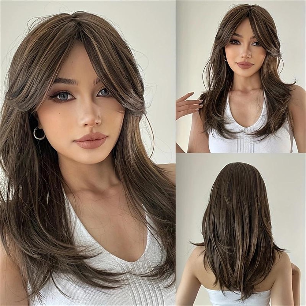 parrucca caschetto marrone con frangia d'aria parrucche diritte lunghe fino alle spalle per donna parrucca in fibra sintetica resistente al calore dall'aspetto naturale 14 pollici del 2025 a $19.99 –P6