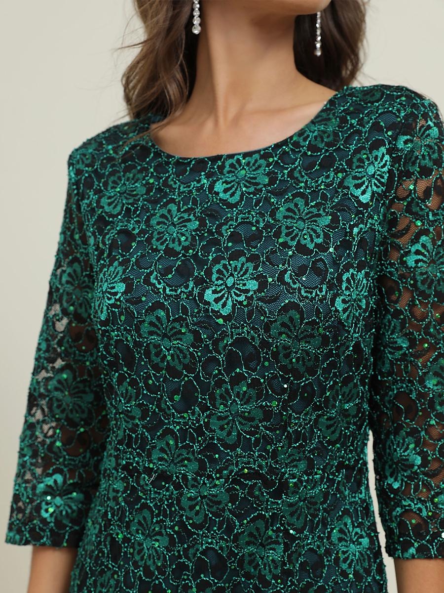 Women's 2 Pieces Lace Dress Maxi Party Dress Green Lace 3/4 Length Sleeve Lace Spring Fall Winter V Neck Wedding Guest Evening Party Vacation 2023 - AED 209 –P5