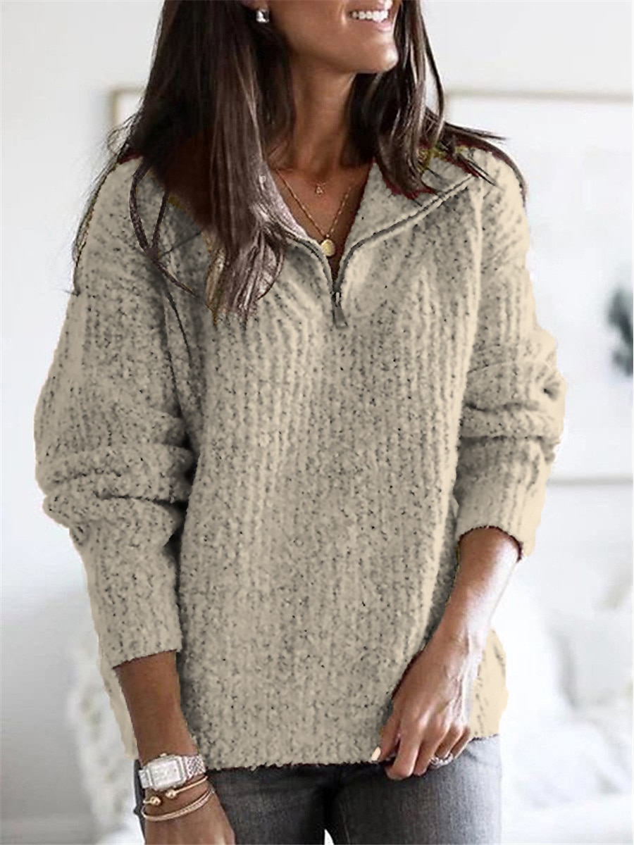Damen Pullover Stilvoll Basic Brautkleider schlicht Feste Farbe Grobstricken Ständer Troyer Halber Reißverschluss Zip Strick Langarm Stricken Heim Täglich Ausgehen Schwarz Rosa Frühling Herbst 2025 - $38.99 –P7