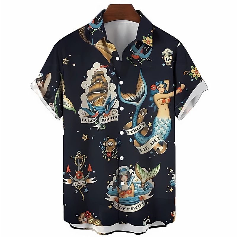 Męskie Syrena Koszula Koszula hawajska Koszula Aloha Krótkie rękawy Koszula Wieczorne Zabytkowe Moda Designerskie Na zewnątrz Ulica Codzienny Czarny Biały Żółty Druk 3D S M L 2025 - $24.99 –P8