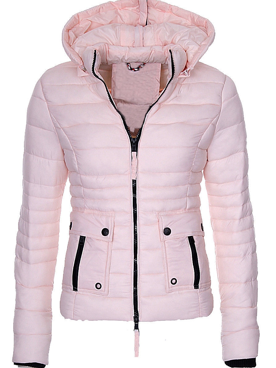 Dames Parka Houd Warm Ademend Vetoketju Zak Modieus Modern Casual Street Style Effen Kleur Buiten Straat Alledaagse kleding Uitgaan Rits Kort Capuchon Normale pasvorm Lange mouw bovenkleding Geel 2025 - $45.99 -P1