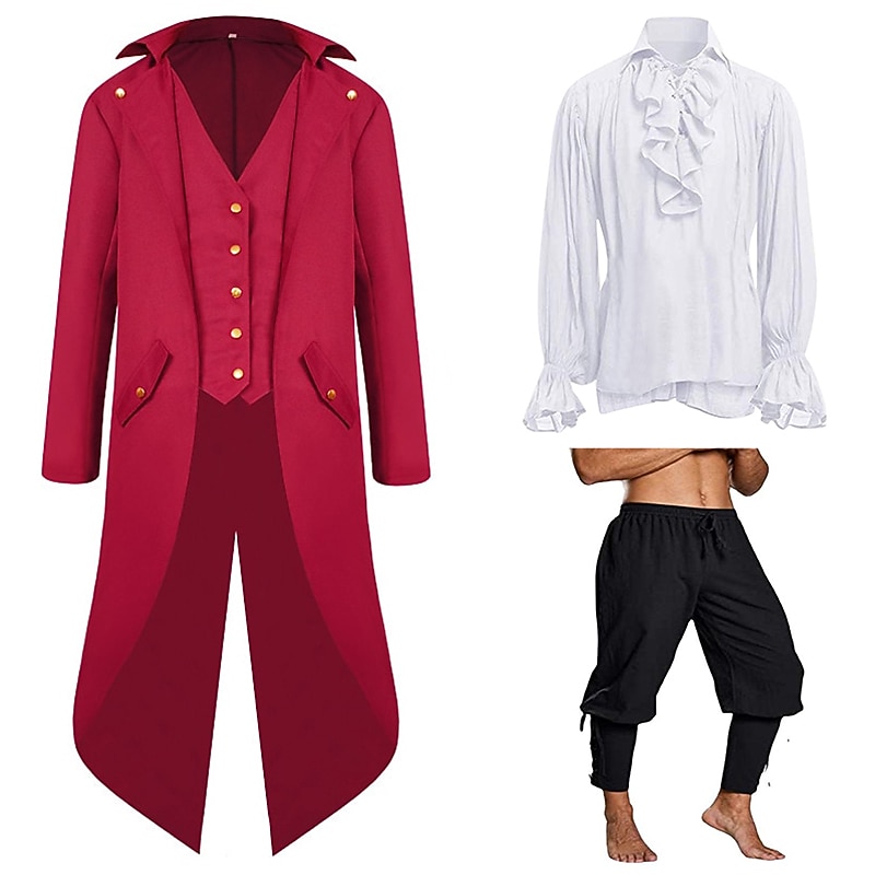 sets met smokingrok ruches overhemd piraatbroek 3 stuks middeleeuwse renaissance 18e 17e eeuw viking piratenoutfits heren prestatiestadium carnaval cosplay kostuum 2025 - $71.99 –P2