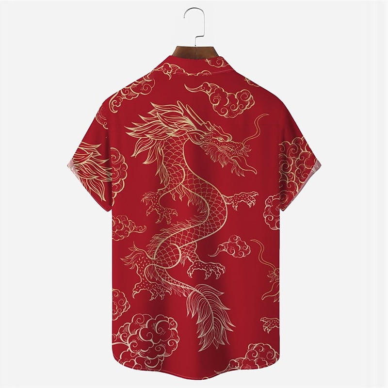 New Year Men's Dragon Shirt Button Up Shirt Short Sleeve Casual Daily Wear Going out Weekend Autumn / Fall Turndown Print Button-Down Yellow Red Burgundy 2025 - $24.99 –P3