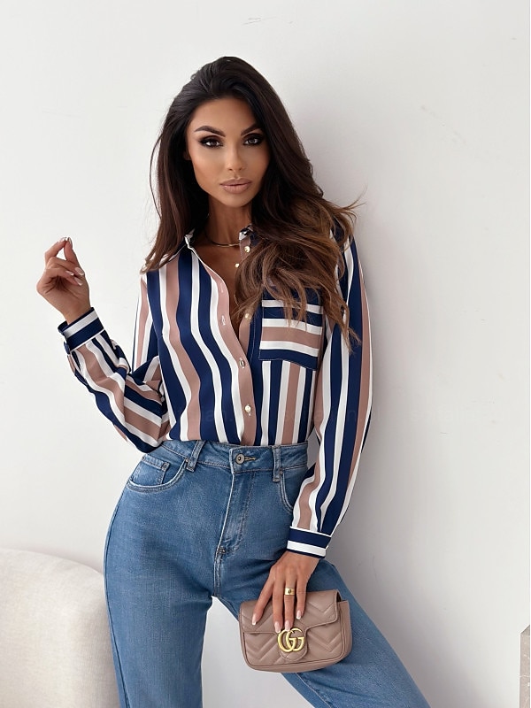 Damen Hemd Bluse Mode gestreift Knöpfe Tasche Druck Langarm normale Oberteile Hemdkragen Arbeit rot königsblau blau fuchsia braun Frühling&amp;  fallen 2025 - $26.99 –P2