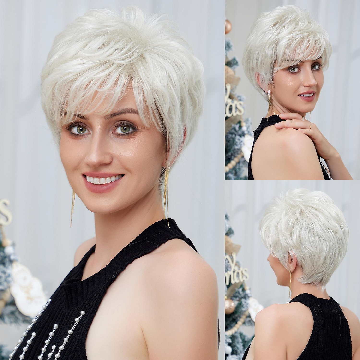 Miscela di capelli umani Parrucca Corto Riccio Kinky liscia Taglio corto spettinato Parte laterale Taglio scalato Taglio asimmetrico Argento Cosplay Bigodino e piastra per capelli Attaccatura dei del 2025 a $69.99 –P1