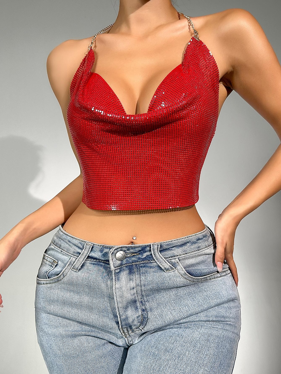 Fémes Hát nélküli Szikra Spagetti pántos trikó Testlánc Crop Tank Top Diszkó Jelmez Női Parti Klub Pride Parade Felnőttek Trikó 2025 - $23.99 –P9