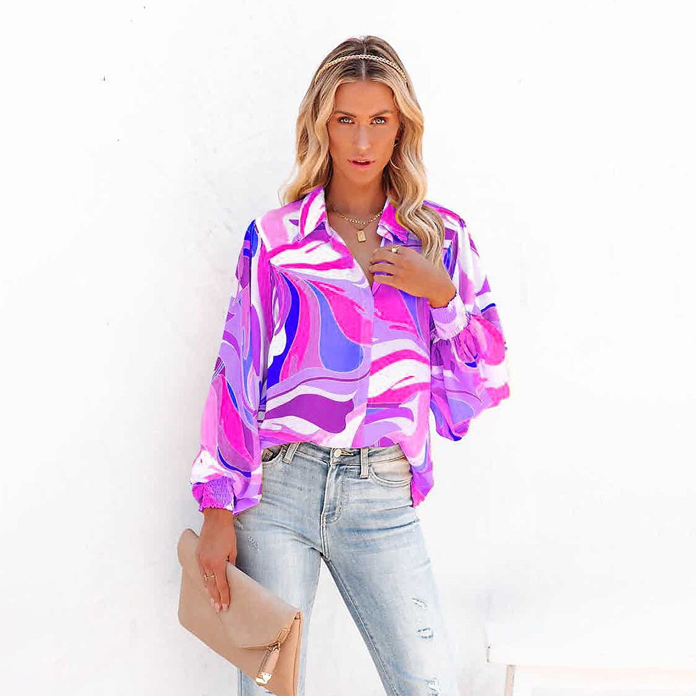 Women's Shirt Blouse Fashion Buttons Print Long Sleeve Regular Tops Shirt Collar Casual Blue Purple Green Gray Spring & Fall 2025 - $21.99 –P16