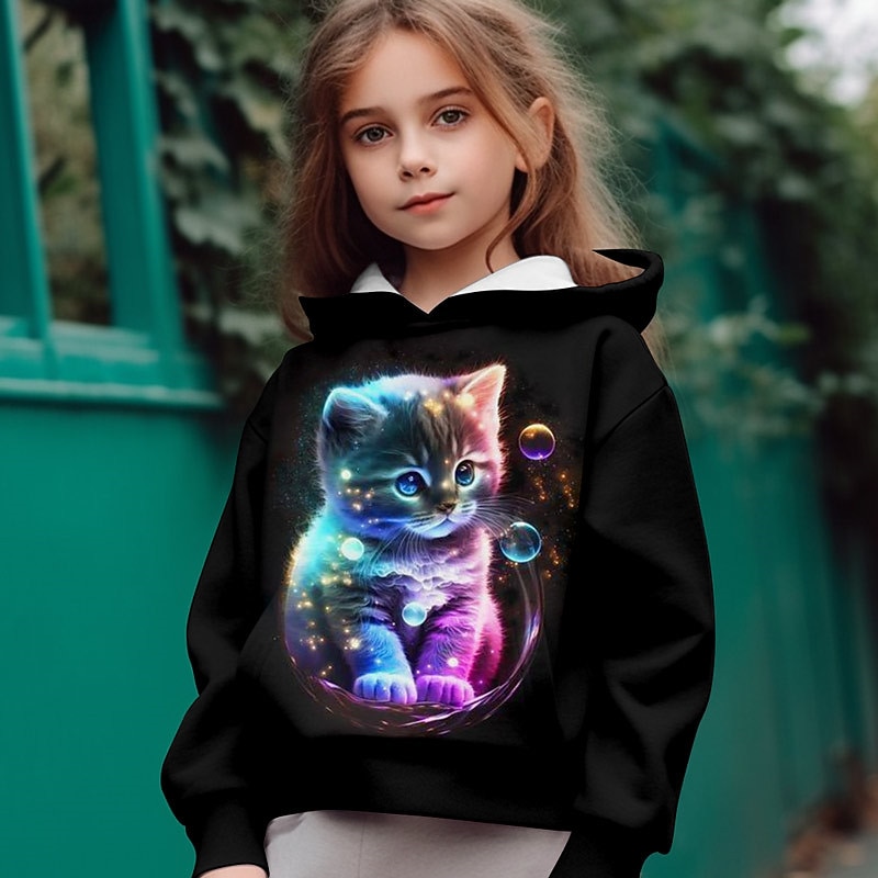 Dívčí 3D Kočka Kapuce Pullover Dlouhý rukáv 3D tisk Podzim Zima Aktivní Módní Roztomilý Děti 3-12 let Kapuce Venkovní Ležérní Denní Běžný 2025 - $18.99 –P1