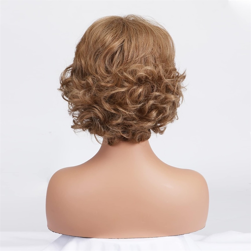 Pelucas cortas y rizadas de color marrón claro para anciana, peluca rizada en capas con flequillo, peluca marrón ondulada con raíces oscuras, pelo sintético natural para fiesta diaria, cosplay custume 2025 - $18.99 –P5