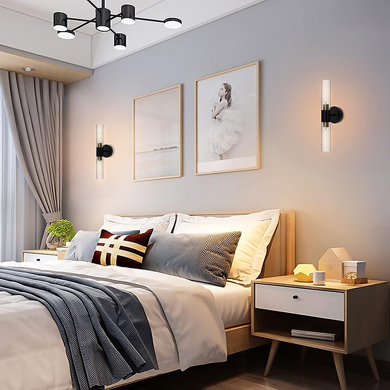 Aplique de pared LED, lámpara de pared negra de estilo nórdico con pantalla de tambor de vidrio metálico, iluminación de pared, lámpara de lectura, para mesita de noche, dormitorio 110-240v 2025 - $116.99 –P4