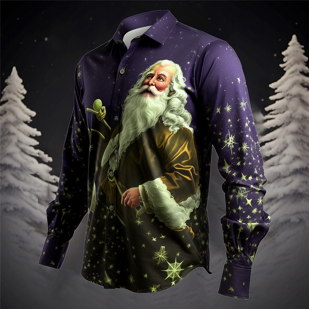 Herr jultomten Julgran Skjorta Långärmad Ledigt Jul Dagliga kläder Utekväll Höst vinter Nedvikt Mönster Button-Down Grå+Purpur Gul Rubinrött Mörk marin Kungsblå 2025 - $26.99 –P14
