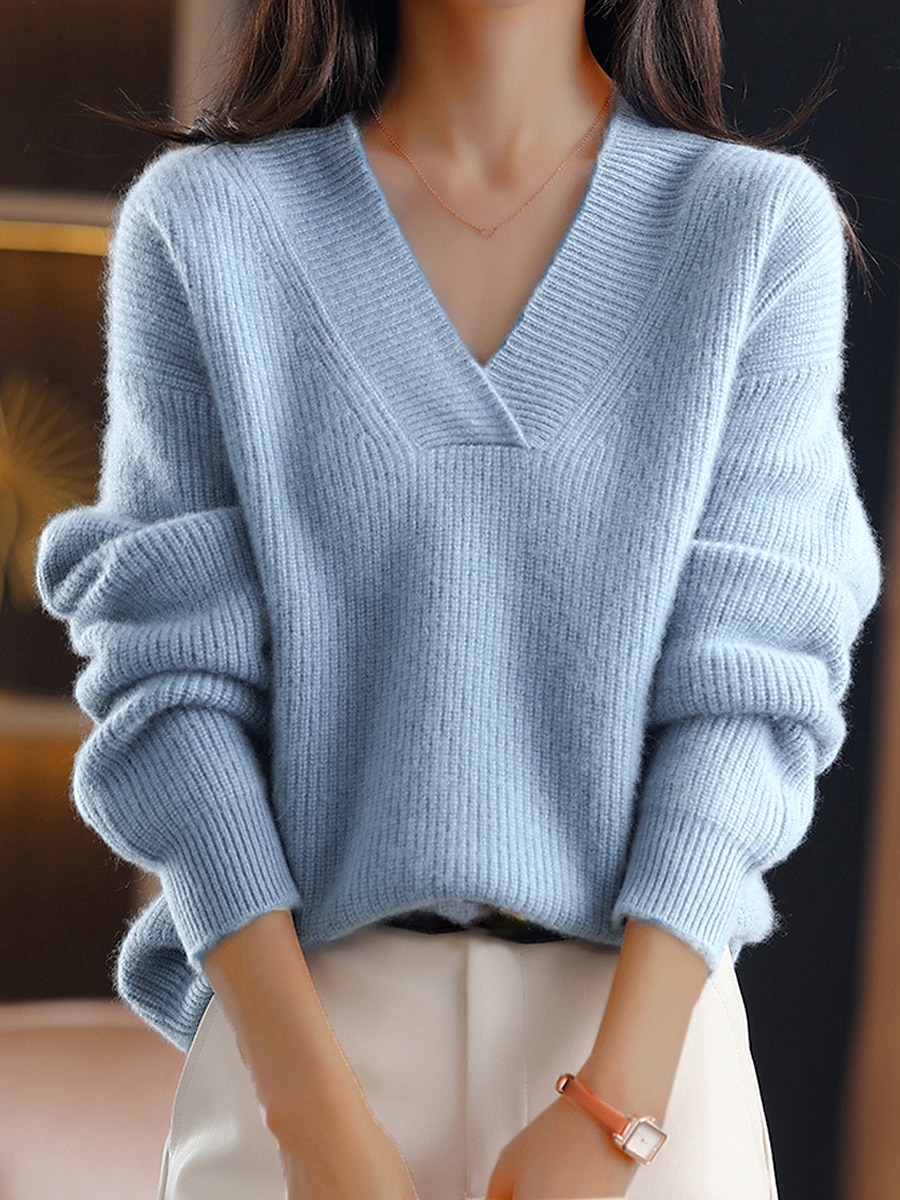 Damen Pullover Stilvoll Brautkleider schlicht Weich Feste Farbe Gerippt V Ausschnitt überdimensional Langarm Normale Oberteile Stricken Outdoor Täglich Ausgehen Marineblau Blau Herbst Winter 2025 - $31.99 -P3