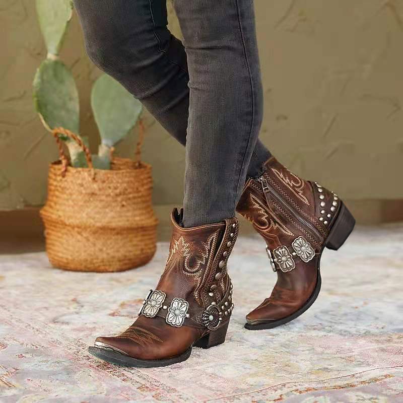 férfi western cowboy csizma díszített csatos pántokkal és szegecses dizájnnal - vintage stílusú műbőr bokacsizma rodeó és hétköznapi viselethez 2025 - $84.99 –P2