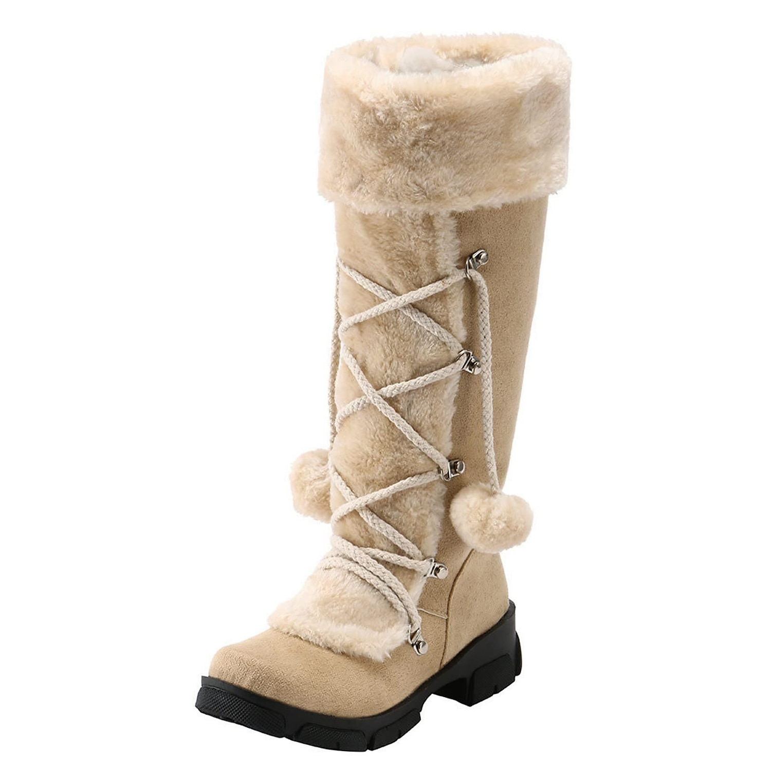 botas de inverno femininas de pele sintética preta com cadarços de pompom - isolamento quente, design na altura do joelho, solas antiderrapantes para clima frio e dias de neve de 2025 por $59.99 –P2